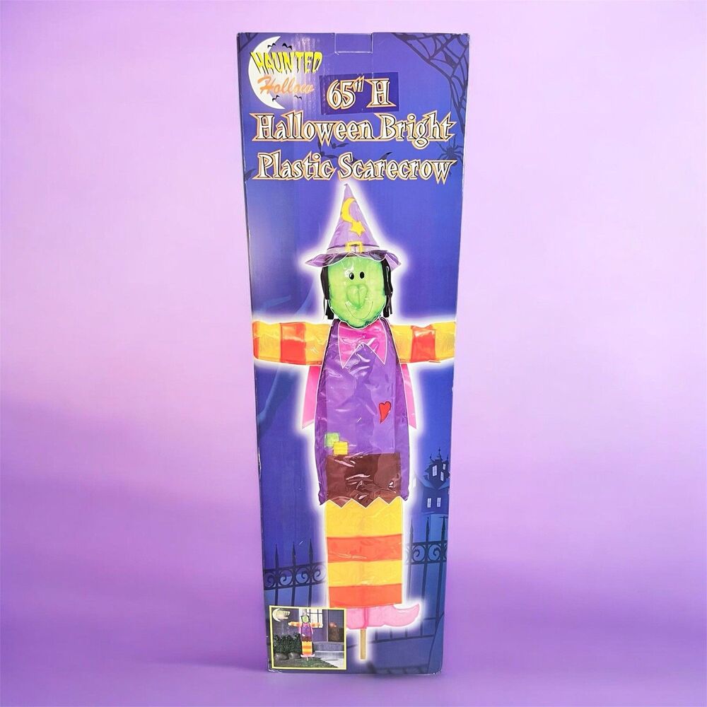 VTG 2001 Haunted Hallow Bright Plastic Witch Scarecrow 65”H Halloween Decoration